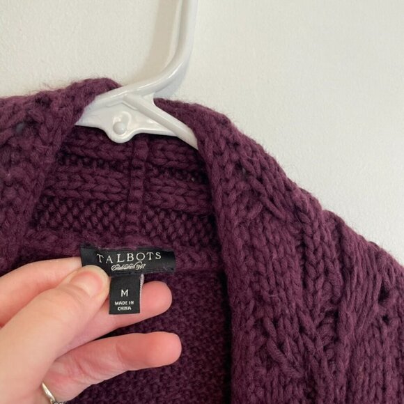TALBOTS Plum Dark Purple Chunky Cable Knit Open Viscose Cotton Cardigan Sweater - Picture 4 of 12